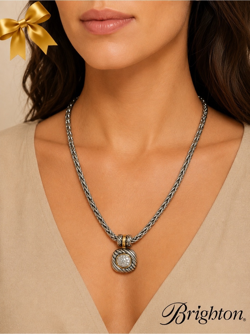 Brighton Two-Tone Rope Chain Necklace with Crystal Pavé Pendant